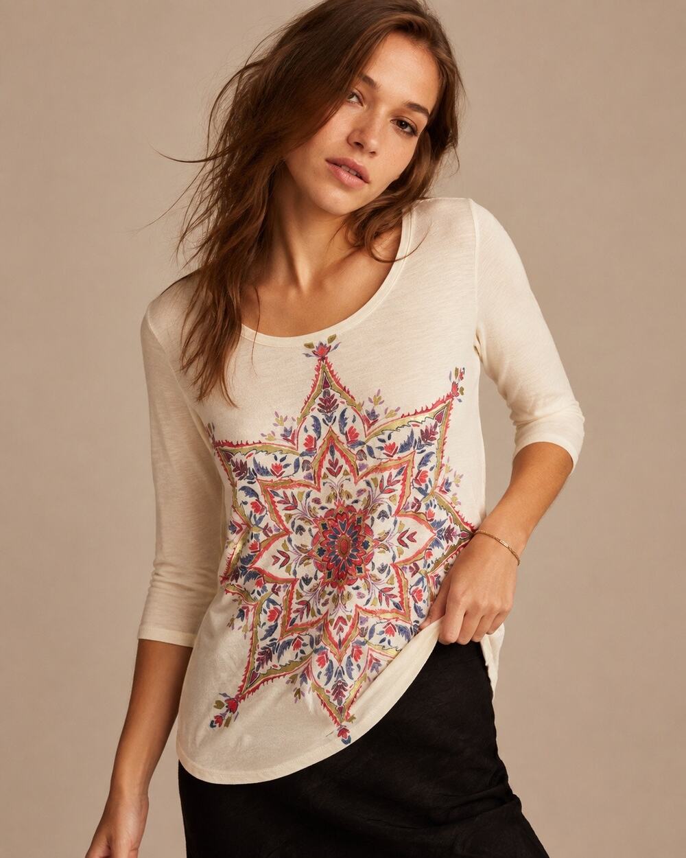 Lucky Lotus Mandala Print Tee Metallic Hand Painted Look 3/4 Sleeve Boho Top M